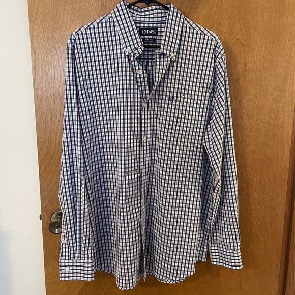 Chaps Other - Mens CHAPS Stretch Long Sleeve Button Front Navy Plaid Shirt Size Large NWOT